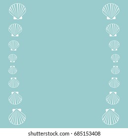 Seashell frame vector illustration. Marine or oceanic sea shell border. Mollusk conch, pearl scallop, bivalve shellfish, underwater object, beach or holiday symbol, aquatic nature card frame template.