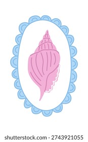 Seashell framed with scallop border in clean linework and soft curves. Nautical theme for coastal branding and summer decor. Vector illustration