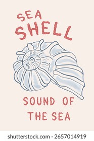 Seashell graphic print design for t shirt. Sound of the sea. Minimalist retro nautical print designs with outline illustrations of seashell