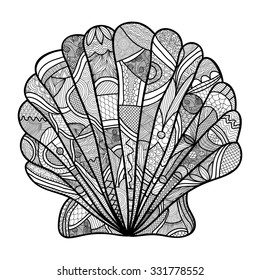 Seashell. Hand drawn shell - anti stress coloring page for adult with high details isolated on white background, illustration in zentangle style. Vector monochrome sketch.