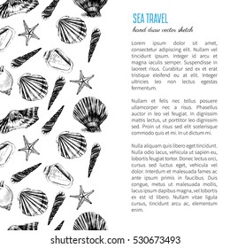 Seashell hand drawn vector etching sketch isolated on white background, decorative frame, underwater marine texture, template label layout design for card, beauty salon, natural cosmetic, organic shop