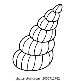 Seashell hand-drawn coloring page vector illustration. Funny spiral shell doodle linear isolated on white vector illustration. Sea themed coloring page for children printable page