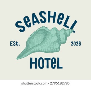 Seashell hotel vintage typography t-shirt print vector illustration.