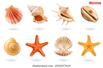 Seashell icon 3d realistic vector set