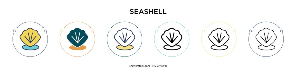Seashell icon in filled, thin line, outline and stroke style. Vector illustration of two colored and black seashell vector icons designs can be used for mobile, ui, web