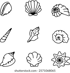 The seashell icon. A set of linear pearl shell icons. Vector icons of seashells. Black linear seashell icons