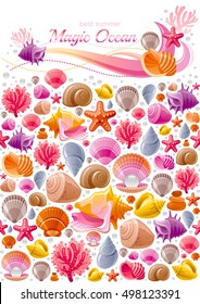 Seashell icon set, underwater banner - sea diving animals, shell, starfish, oyster pearl. Ocean shells icons. Vector illustration flyer template. Isolated on white poster, marine background