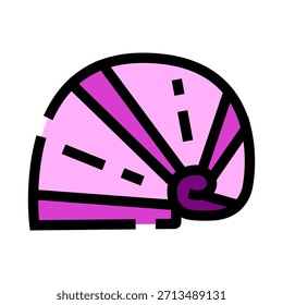 Seashell icon showing a vibrant pink and purple shell with a spiraling structure and dashed lines, representing ocean life, summer activities, and beach vacation concepts on a clean background