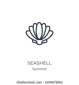 Seashell icon. Thin linear seashell outline icon isolated on white background from summer collection. Line vector sign, symbol for web and mobile
