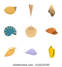 Seashell icons set. Cartoon set of 9 seashell vector icons for web isolated on white background