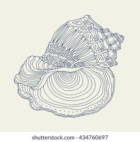Seashell isolated on white. Vector seashell illustration. Zentangle seashell. Hand drawn artwork. Beach concept for restaurant menu card, ticket, branding.  Monochrome dark grey blue, beige colors