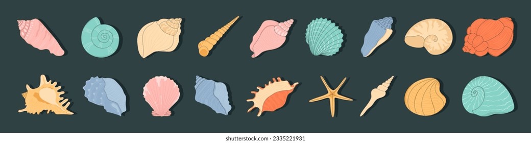 Seashell. Isolated seashells, oyster and clam. Decoration beach sea ocean elements. Cartoon summer marine objects, seasonal decent. Vector stock illustration, all elements isolated.