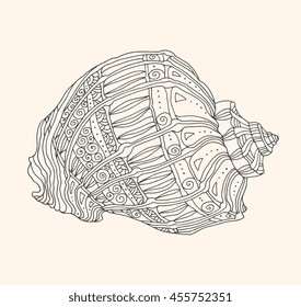 Seashell isolated. Vector detailed illustration. Zentangle line artwork. Beach concept for restaurant menu card, ticket, branding. Monochrome, black and beige colors