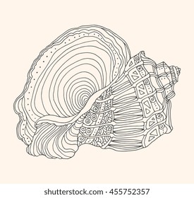 Seashell isolated. Vector detailed illustration. Zentangle line artwork. Beach concept for restaurant menu card, ticket, branding. Monochrome, black and beige colors