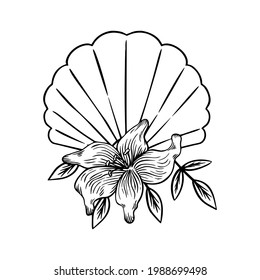 Seashell with lilies thin line icon, animal and underwater, shell sign vector graphics, a linear pattern on a white background, eps 10.