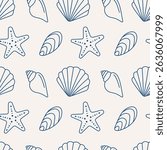 Seashell line art seamless pattern. Hand drawn blue shells on white beige background, nautical summer design. Vector illustration