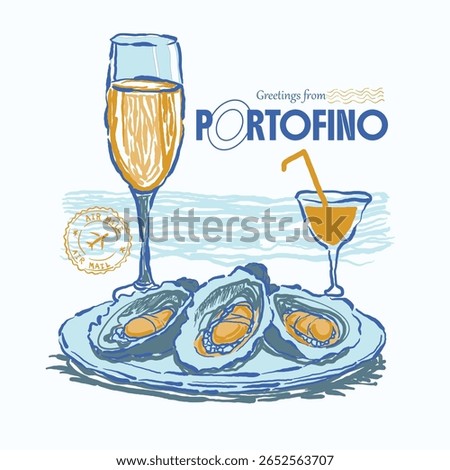 Seashell line drawing. drink sea juice in glass. Seashell vintage line drawing artwork. Summer vibes artwork