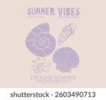 Seashell line drawing. Sea you at the beach. Beach modern abstract art. Sound of the sea. Seashell vintage artwork. Summer vibes artwork. 