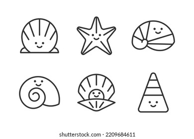 Seashell line icon set. Cute shells vector collection with smiling faces. Editable stroke.