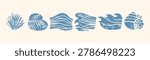 seashell linocut stamp illustrations in blue, a rustic nautical set with woodcut texture — minimal mediterranean coastal design with organic naive shapes and engraved aesthetic