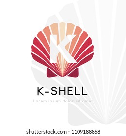 Seashell logo with K letter silhouette. Vector symbol with character element.