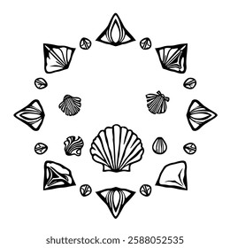 Seashell Mandala: Black and White Ocean Art Print. Geometric Beach Pattern, Summer Nature Design, Decorative Symbol Illustration.
