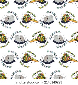 Seashell and Maracas. Seamless pattern on a white background. Cute vector illustration.