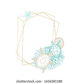 Seashell and marine algae package label, vector modern premium golden frame design. Ocean seashell and sea minerals product, corals and starfish in gold foil circle wreath