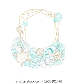 Seashell and marine algae package label, vector modern premium golden frame design. Ocean seashell and sea minerals product, corals and starfish in gold foil circle wreath
