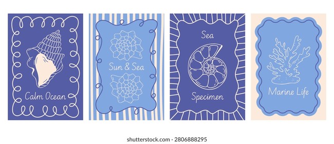 Seashell marine poster set with murex conch, spiral nautilus shell, coral reef, wavy frame, stripe, hand drawn vector, blue mediterranean line art, retro flat style for summer beach card, cover
