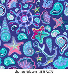 Seashell marine seamless pattern - vector illustration