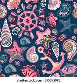 Seashell marine seamless pattern - vector illustration