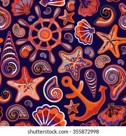 Seashell marine seamless pattern - vector illustration