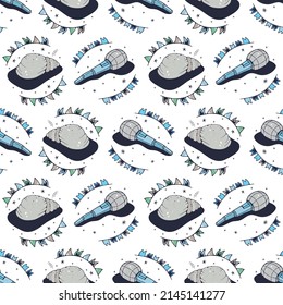 Seashell and Microphone. Seamless pattern on a white background. Cute vector illustration.