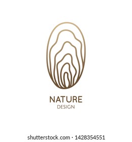 Seashell minimal logo. Oval emblem decorative shell in linear style. Vector abstract badge for design of natural products, flower shop, cosmetics, ecology concepts, health, spa, yoga Center.