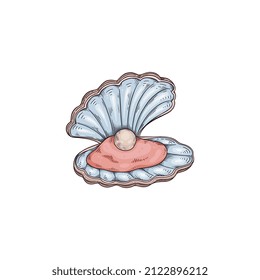 Seashell with mollusk and pearl in colored sketch style, vector illustration isolated on white background. Hand drawn gem ball in nacre clam or oyster shell.