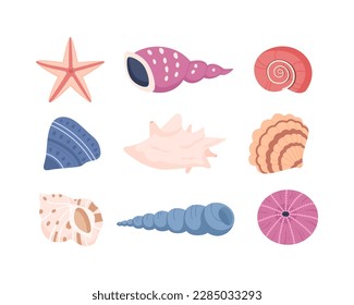 Conjunto de moluscos coloridos tropicales de conchas marinas aislados en fondo blanco. Cojeras submarinas de almeja, ostra, conchas de vieiras. Elementos exóticos marinos. Ilustración del vector