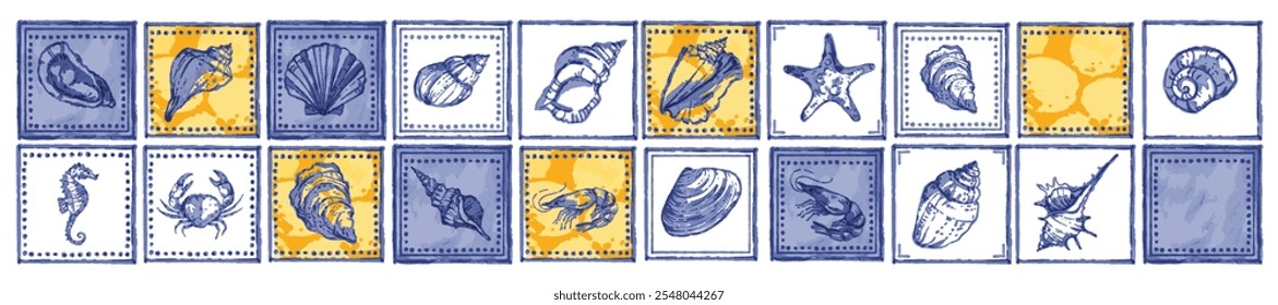 Concha conjunto de telha náutica, vetor azulejo azul amarelo conch kit mão desenhada aquarela impressão antiga. Portugal decoração cerâmica ilustração subaquática, gráfico mediterrâneo retro. Galhudo azulejo