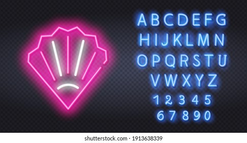 Seashell Neon Label. Vector Illustration of Ocean Promotion. Glowing neon line Scallop sea shell icon isolated on brick wall background. Seashell sign.