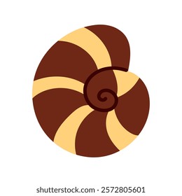 A seashell. Oceanic exotic underwater shells, spiral snails. A tropical striped beach shell in a spiral of brown and yellow. Modern flat style, isolated on a white background. Illustration