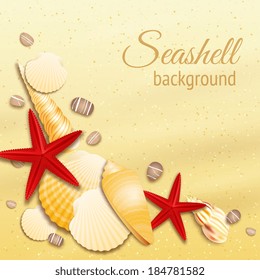 Seashell on the golden sand summer beach background vector illustration