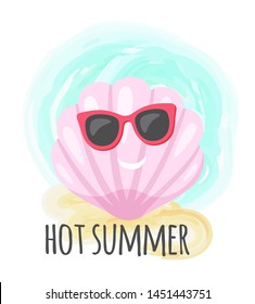Seashell on sand, hot summer postcard decorated by smiling shell in sunglasses. Beach elements, flat style of sea accessory, sunny papercard vector