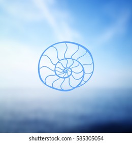Seashell on sea background. Vector illustration. Beach concept for restaurant menu card, ticket, branding, logo label. Black and white