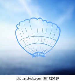Seashell on sea background. Vector illustration. Zentangle. Beach concept for restaurant menu card, ticket, branding, logo label.