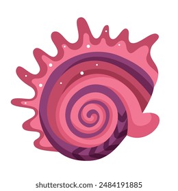 Seashell on a white background. Ocean exotic underwater shell, spiral snail, underwater mollusk. Sea creatures. Trendy flat vector illustration for sticker.