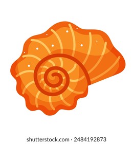 Seashell on a white background. Ocean exotic underwater shell, spiral snail, underwater mollusk. Sea creatures. Trendy flat vector illustration for sticker.