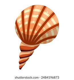 Seashell on a white background. Ocean exotic underwater shell, spiral snail, underwater mollusk. Sea creatures. Trendy flat vector illustration for sticker.