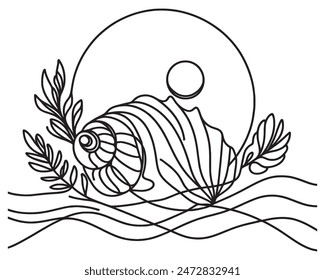 Seashell in one continuous line style. Sea snail shell. Modern simple vector illustration