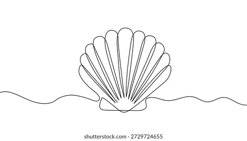 Seashell in one line art style. Drawing of a shell with an editable black stroke on a white background. Vector illustration.