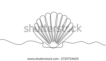 Seashell in one line art style. Drawing of a shell with an editable black stroke on a white background. Vector illustration.